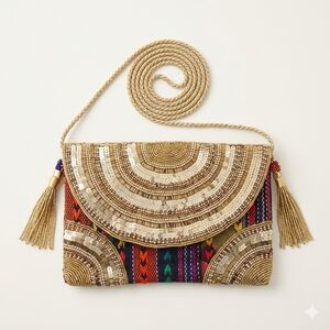 New Handmade Jute Bag - brown beige And Gold - vegan Sling Style - Crossbody